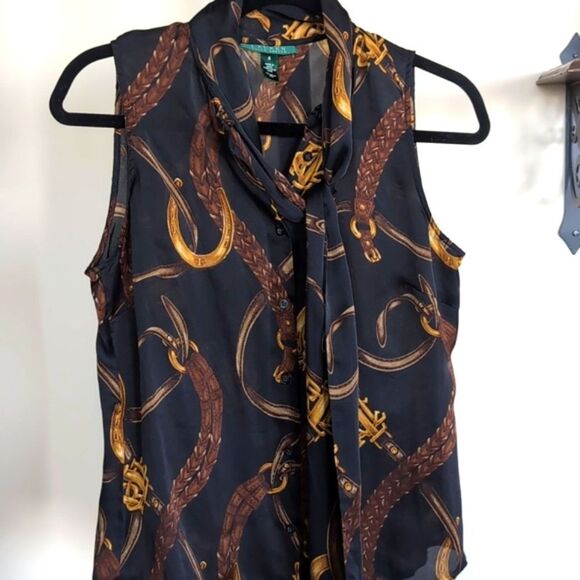 Vintage Ralph Lauren 100% Silk Equestrian Sleeveless Tie Front Blouse - Picture 11 of 12